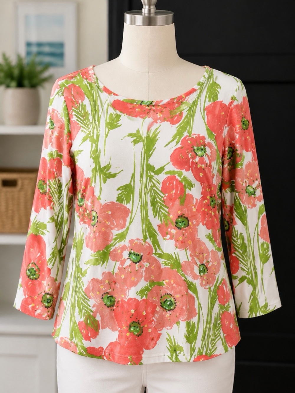 Ruby Red Coral & Green Floral Scoop Neck Long Sleeve Top